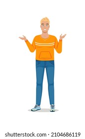 Mann in zwangloser Kleidung. Der junge Kerl breitet seine Arme an die Seiten aus. Unsicherheit Gesten, Person nicht verstehen, weiß nicht, Antwort auf Frage. Cartoon-FlachVektorgrafik einzeln auf weißem Hintergrund