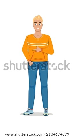 Man in casual clothes. Young guy shows sideways. Character shows way. Model for advertising banner or poster. Marketing, site design. Cartoon flat vector illustration isolated on white background