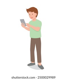 Man in casual clothing and happy mood using smart phone with fingers or touch or hand gestures on touch screen