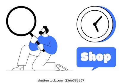 A man in casual clothing holds a magnifying glass. Next to him are a clock and a shop text bubble. Ideal for business, time management, online shopping, research, and e-commerce themes. Simple