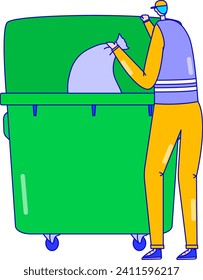 Man in casual clothing recycles paper, throwing it in green bin. Eco-friendly behavior, recycling waste. Sustainable living, environmental conservation vector illustration.