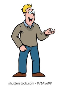 Man in casual clothing smiling and showing something