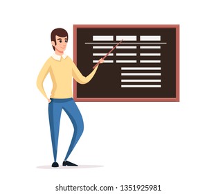 Man in casual clothing stay at blackboard and hold a pointer in hand. Cartoon character design. Flat vector illustration isolated on white background.