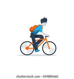 Man in casual dress cycling, student commuting by bicycle, daily riding by bike to business, isolated vector flat design illustration