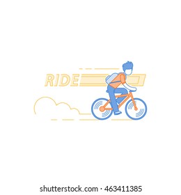 Man in casual dress cycling, student commuting by bicycle, daily riding by bike to business, isolated vector flat design illustration