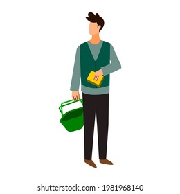 a man casual fashion go to shopping alone holding green basket and yellow box of cereal. character design male shopping. character design a guy