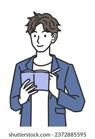 A man in a casual office outfit taking notes
