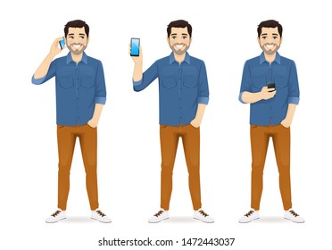 Man in casual outfit with phone isolated vector illustration