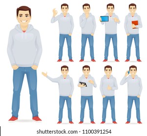 Man in casual outfit set with different gestures isolated