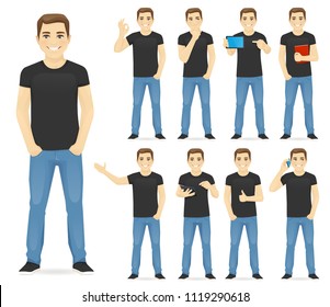 Man in casual outfit set with different gestures isolated