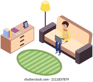 Man in casual outfit sitting at home on comfortable couch and browsing or working on laptop at his laps. Flat style isometric vector illustration. Freelance, online education or social media concept