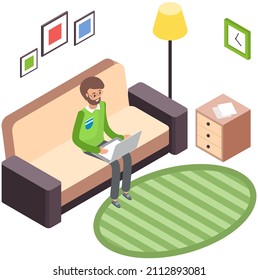 Man in casual outfit sitting at home on comfortable couch and browsing or working on laptop at his laps. Flat style isometric vector illustration. Freelance, online education or social media concept