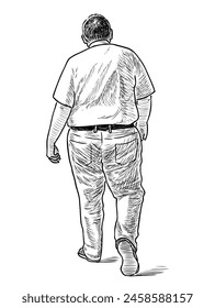 Man casual overweight back view walking alone outdoor realistic sketch vector hand drawn illustration isolated on white