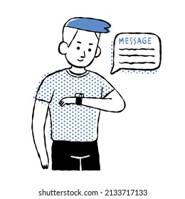 man in casual shirt looking at his smartwatch to read the message