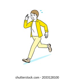 A man in a casual shirt running in a hurry.
