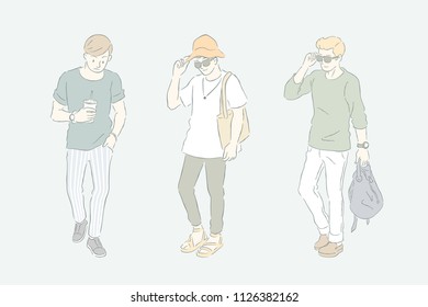 Man in casual style, young men's fashion in hand drawn line and grey green tone