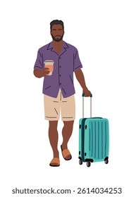 Man in casual summer clothes walking with suitcase and cup of coffee. Summer vacation, travel concept. Colorful flat vector illustration isolated on white background