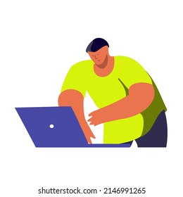 Un hombre con una camiseta informal de pie y trabajando en una laptop. El diseño plano es una moderna ilustración vectorial del concepto de estilo de vida. Aislado sobre fondo blanco