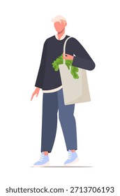 Man casually dressed individual holding a beige reusable tote bag filled with leafy greens. Ideal for themes of urban sustainability, zero waste, and mindful consumer habits. Vector. Not AI generated.