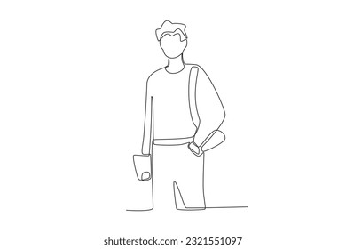 A man casually goes to school. Back to school one-line drawing