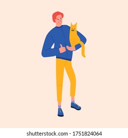 Man with cat. Animal shelter volunteer. Vector illustration for pet rescue center website or promotional materials.