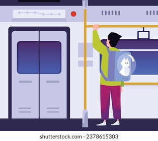 Man with cat in backpack carrier in public transport. Pet transportation concept poster. Owner and his animal going by metro together vector illustration.