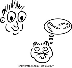 Man and cat, cartoon.