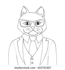 Man cat coloring book vector illustration. Catman dressed in a suit and tie.