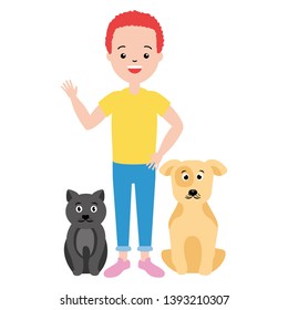 man with cat and dog