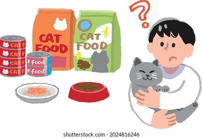 A man and cat food who have doubts while holding a domestic cat