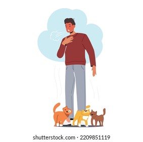 Man With Cat Fur Allergy , Male Character ,Coughing with Runny Nose And Watery Eyes. Seasonal Disease, Causes Of Allergy, Illness With Cold And Sneeze Symptoms. Cartoon People Vector Illustration