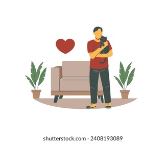 Man with a cat in his arms. Active people with their pets. Vector illustration in flat style