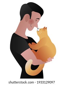 Un hombre con un gato en sus brazos. Ilustración vectorial de color aislada en fondo blanco.