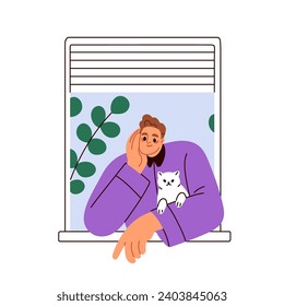 Man and cat looking out of open window. Happy pet owner and kitten watching outside from apartment, home together, breathing fresh air. Flat graphic vector illustration isolated on white background