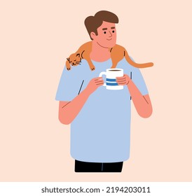 Man with a cat on his back, shoulders. Man drinking from the cup. Ginger cat. Pet cartoon flat vector illustration.