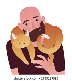 A man and cat his shoulders  Colored vector illustration isolated white background 