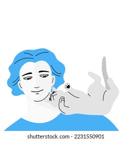 A man and the cat in pet therapy concept, flat vector illustration.