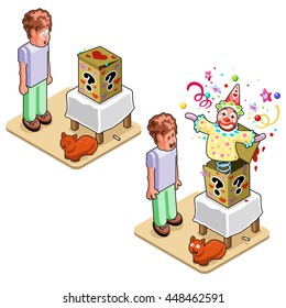 Man and cat scared to death by Jack out of the box (before and after illustration, isometric view)