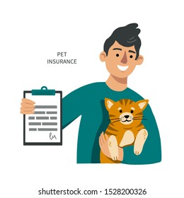 Man with a cat shows pet insurance blank. Happy male with kitten on his hands. Cartoon flat vector illustration on a white background. Pet insurance concept with a space for text.