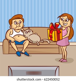Man and cat are sitting on the couch. Young woman giving a gift Vector Illustration
