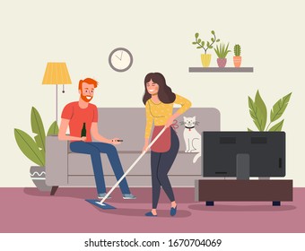Hombre y gato sentados en el sofá y viendo la TV, Joven con trapos en la sala de estar. Ilustración de estilo plano vectorial