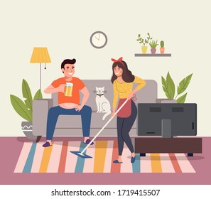 Man And Cat  Sitting On Sofa And Watching TV, Young Woman With Mop In The Living Room. Vector Flat Illustration