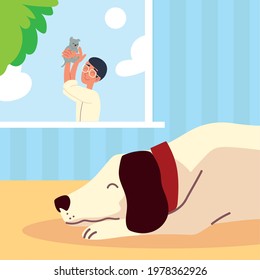 man with cat and sleeping dog