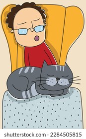 man and cat sleeping on the couch