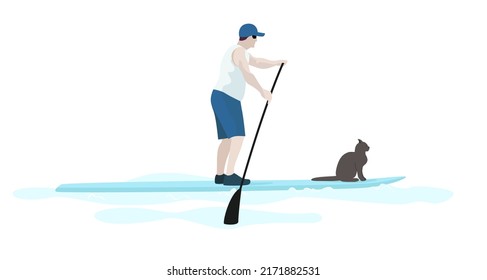 Hombre y gato parados en la pizarra flotando en el mar en los días soleados. Turista aprendiendo a remar y a balancear en la tabla de remo.