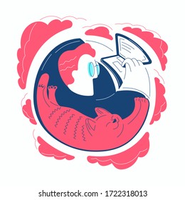 ein Mann mit einer Katze, der an einem Laptop arbeitet, Vektorgrafik