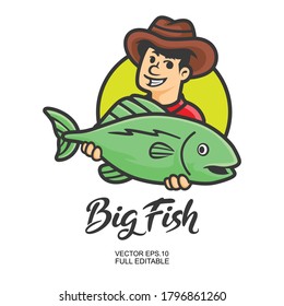 Man Catch Big Fish Vector Illustration Full Editable