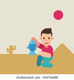 Man catch a fish in the desert. Amazing business opportunity