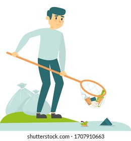 Man catch garbage in the water vector isolated. Environment conservation, save planet from the plastic. Rubbish in the bag.