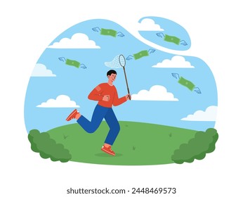 Man catch money concept. Young guy with net run to banknotes with wings. Metaphor of entrepreneur or investor. Financial literacy and passive income. Cartoon flat vector illustration
